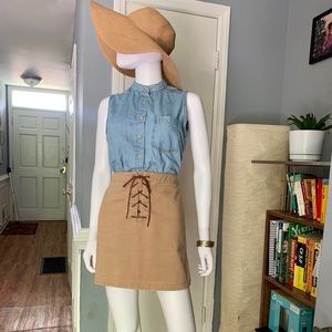 Ralph Lauren Plaid Label Leather Lace Up Skirt